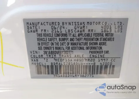 2024 Nissan Sentra Sr Xtronic Cvt z USA, uszkodzony, nr VIN 3N1AB8DV6RY382771